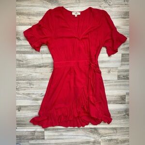 Entro Red Short Sleeve Ruffled Wrap Dress Solid Size Small Vneck New Preppy
